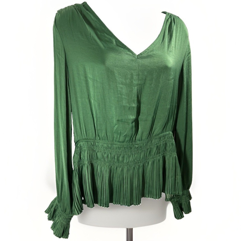 Philosophy Republic Clothing Pleated Peplum Top Emerald Green NWT L Boho Blouse